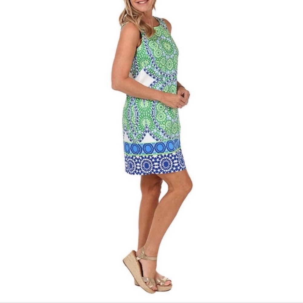 London Times Dress Medallion Geometric Print Shift Summer  Green Blue Size 6